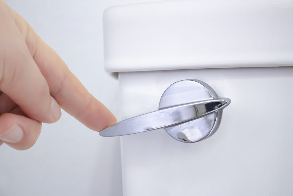 Close view of a finger pressing a lever down to flush a toilet.